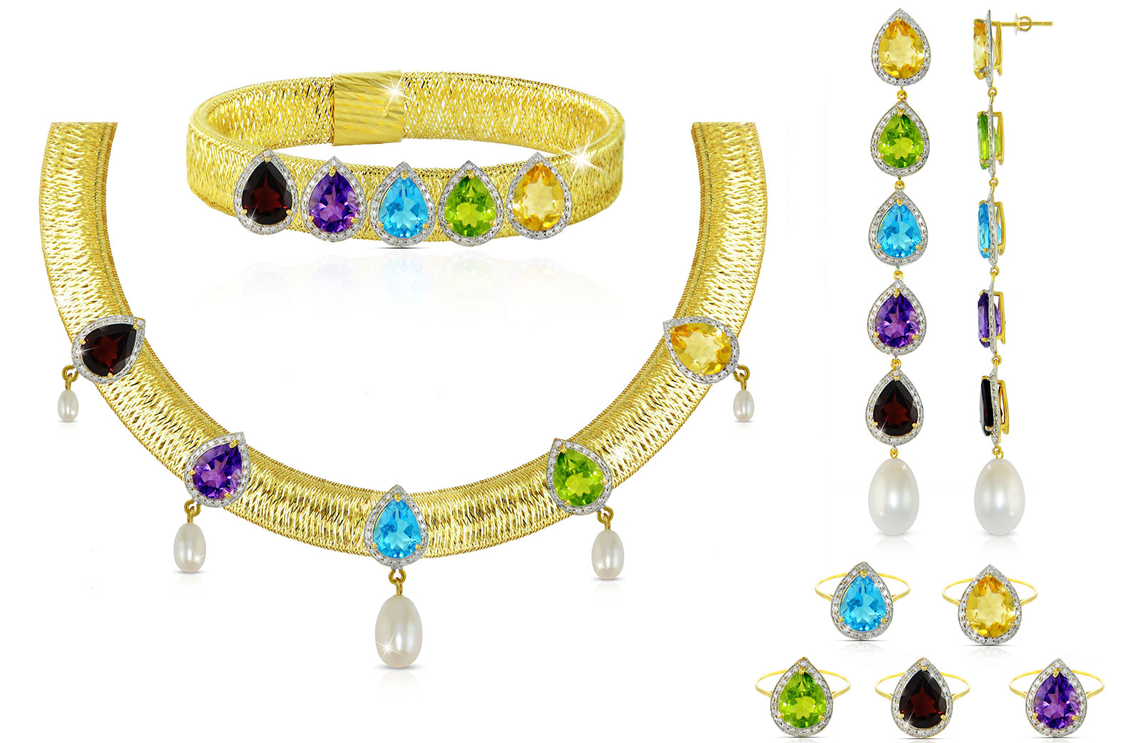 Vera Perla 18K  Gold 3.20Ct Genuine Diamonds and Multi-Gemstones with 7mm-13mm White Pearl Necklace, Bracelet, Earrings, and Rings